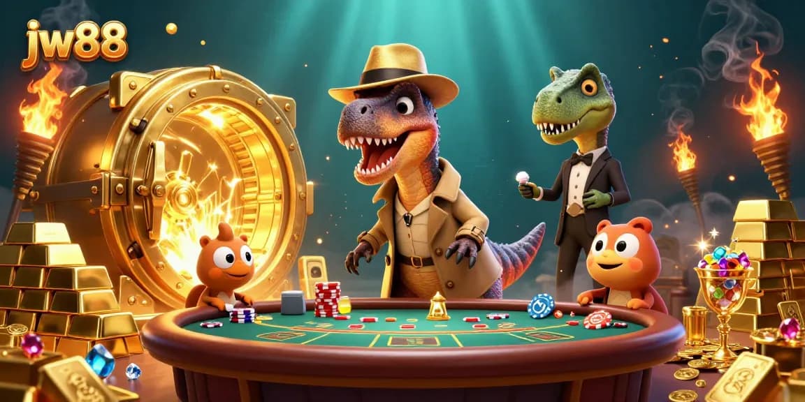 Bet on excitement with jw88 at a dynamic blackjack scene featuring a velociraptor and treasure.
