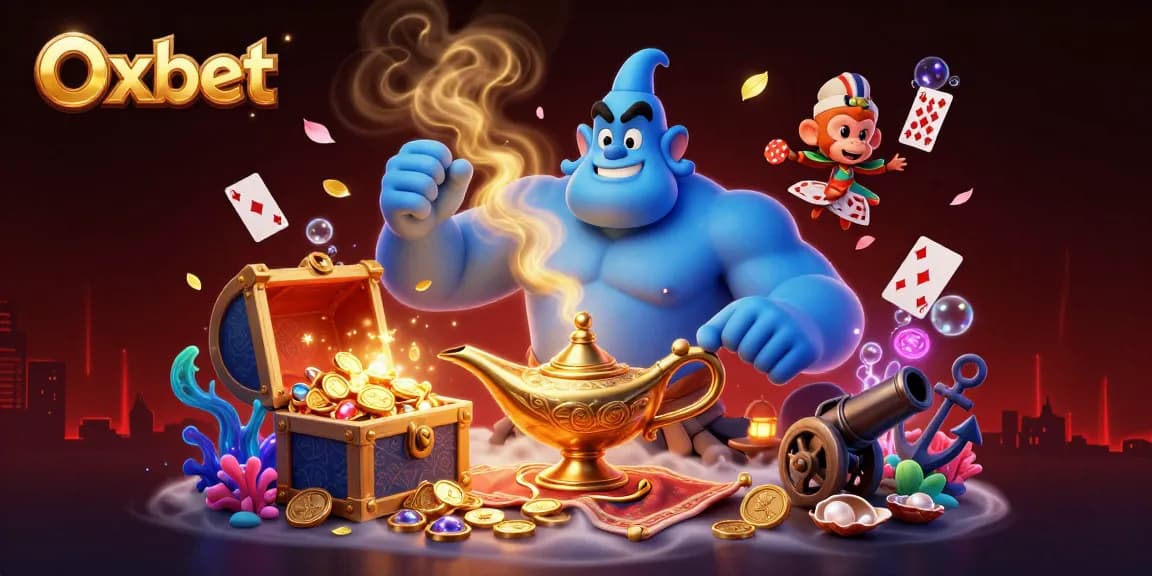 Engage in thrilling gameplay with Oxbet magic, featuring a genie, treasure, and lively casino elements.