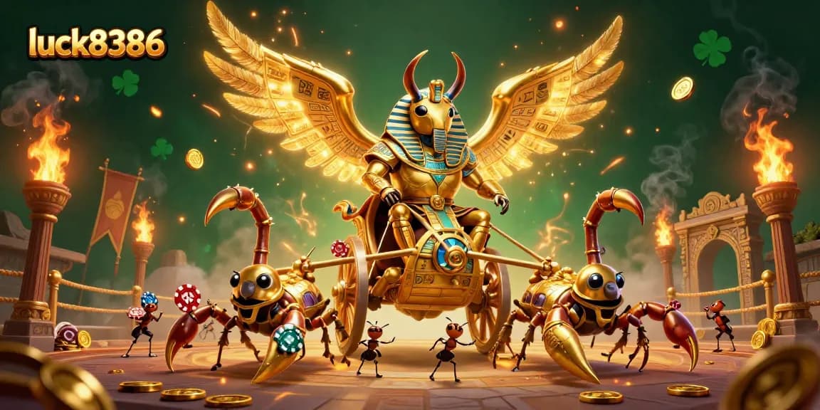 Engage with luck8386's exciting casino action featuring a golden beetle and scorpions in a vibrant gambling scene.