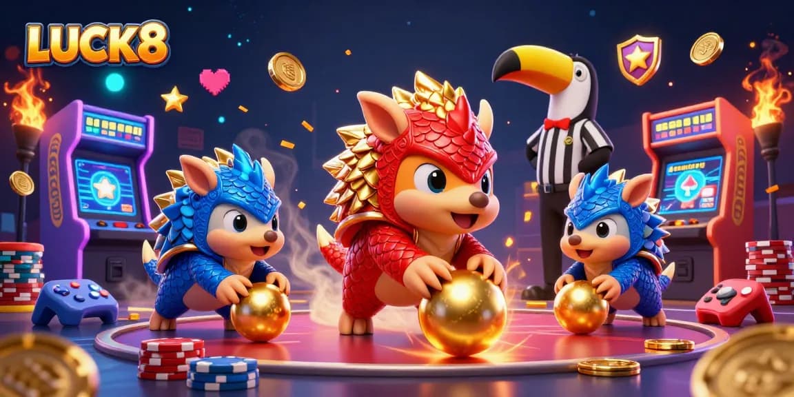 LUCK8 showcases a dynamic casino scene with rival pangolins competing, vibrant arcade elements, and colorful details.