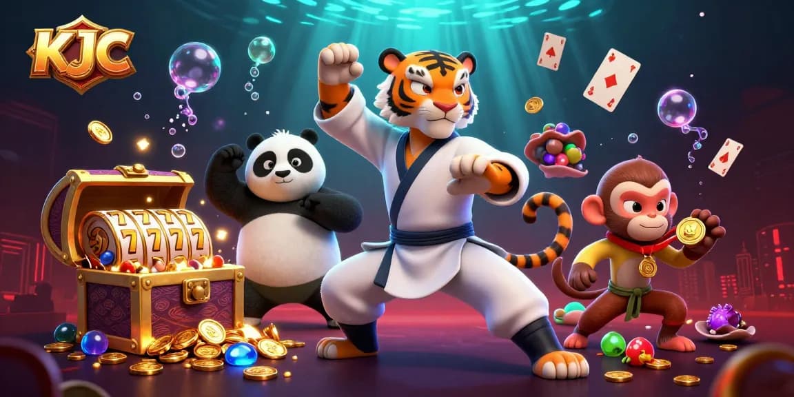 KJC showcases vibrant 3D casino action featuring a kung fu tiger, lively characters, and exciting slot games.