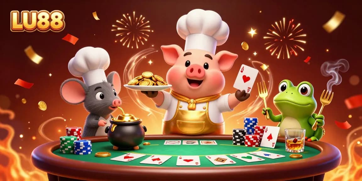 LU88 showcases engaging cartoon scene with casino elements, gold coins, and vibrant characters.