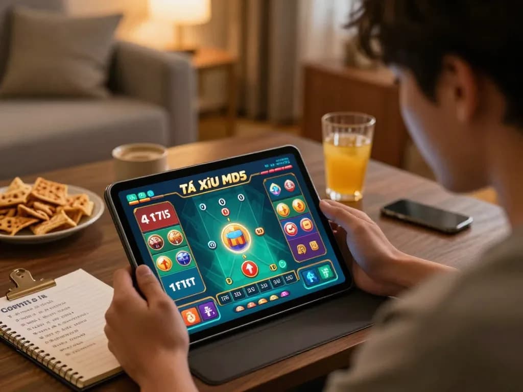 Tài xỉu md5 gameplay with a player focused on tablet in a cozy home setting.