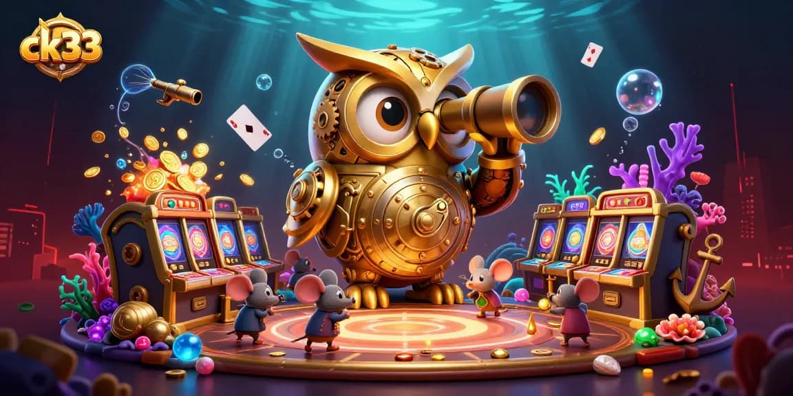 Engage with CK33's casino experience through a vibrant 3D digital illustration showcasing a golden owl amid slot machines and treasure.