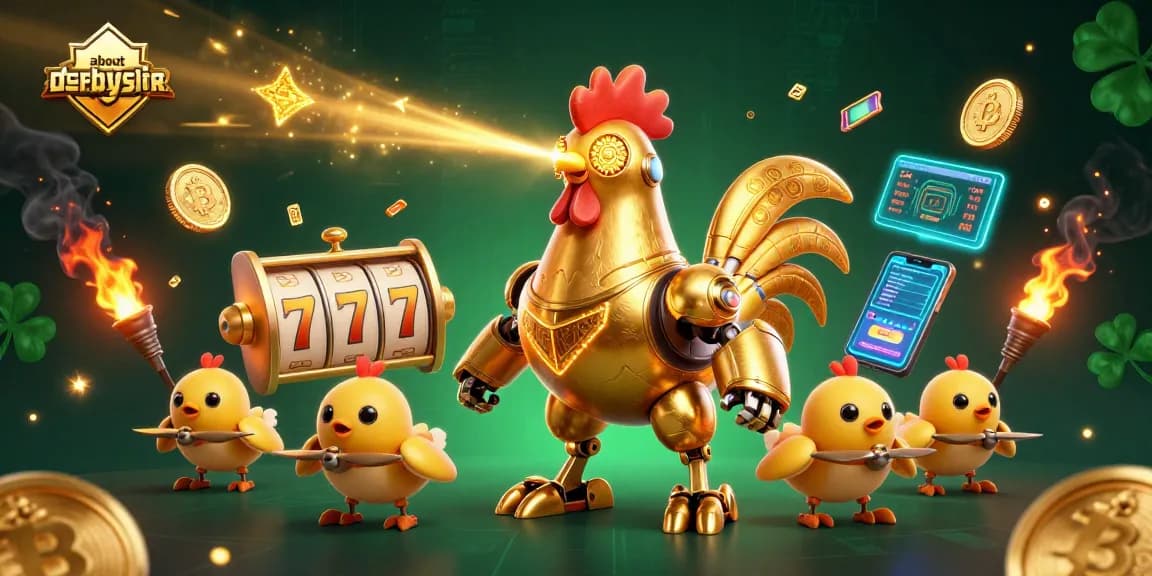 Engage with bonus buy slots at aboutderbyshire featuring a golden rooster robot and vibrant gambling elements.