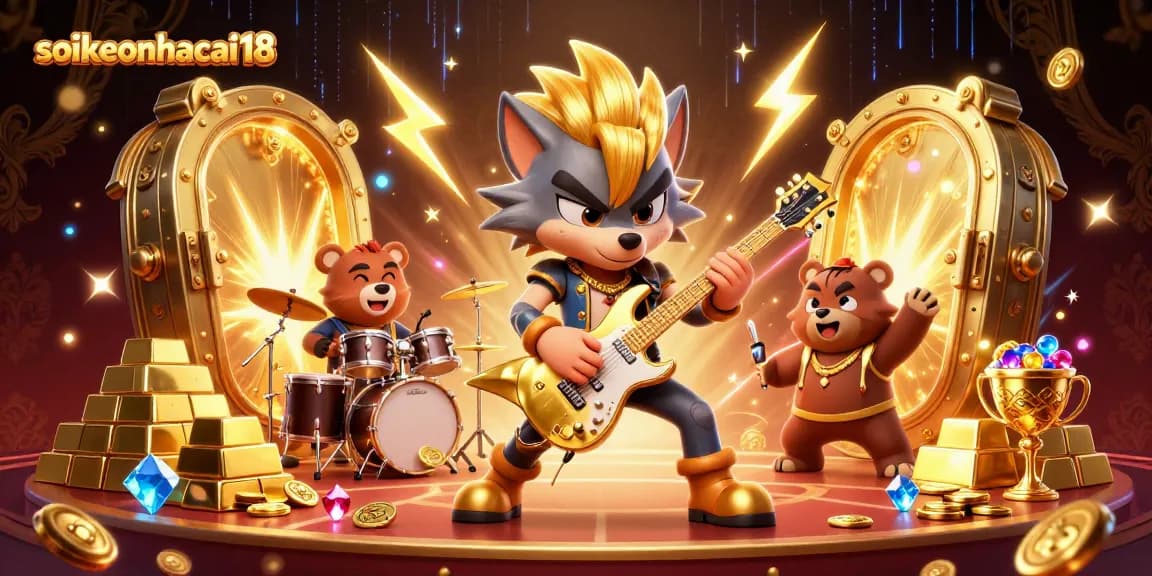 Experience the excitement of soikeonhacai18 with a vibrant casino scene showcasing rock star characters and treasures.