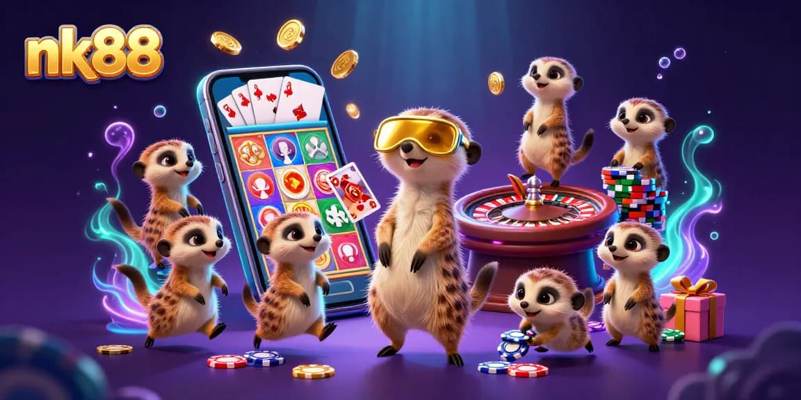 Experience thrilling gameplay at nk88 with meerkats managing a vibrant casino in this colorful scene