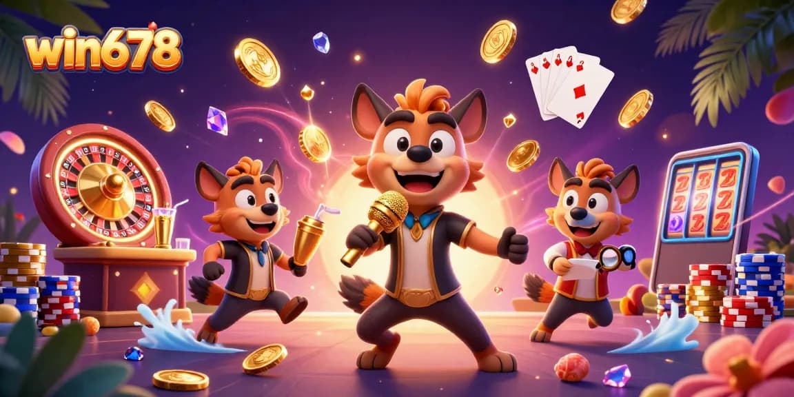 win678 offers a vibrant casino experience featuring hyenas in a comedy club with dynamic gaming elements.