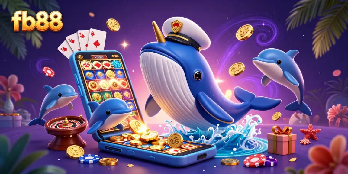 Experience the excitement of fb88 with a vibrant casino scene featuring playful dolphins, a whale, and engaging game elements.
