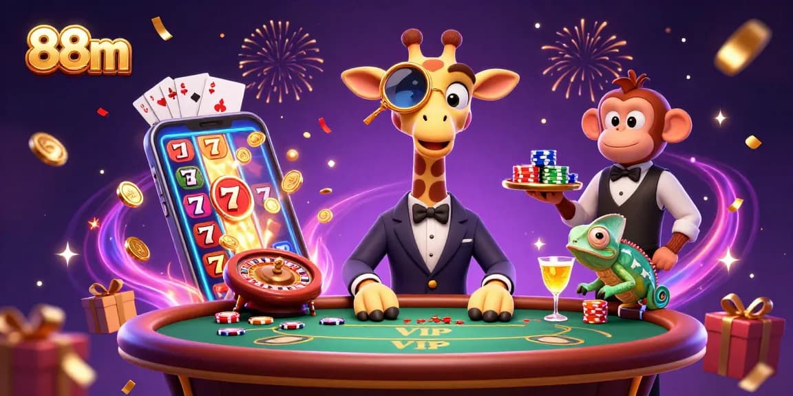 Bet high with 88m at a vibrant casino scene featuring a giraffe and monkey in action.