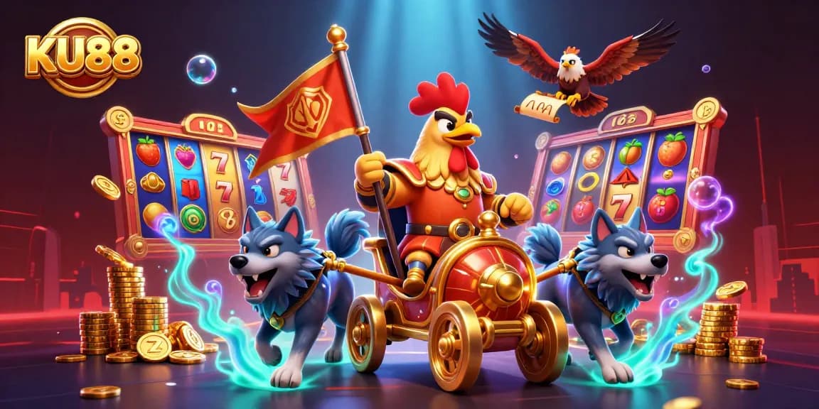 KU88 captivates with a dynamic illustration of a rooster warlord, showcasing the excitement of casino slots.