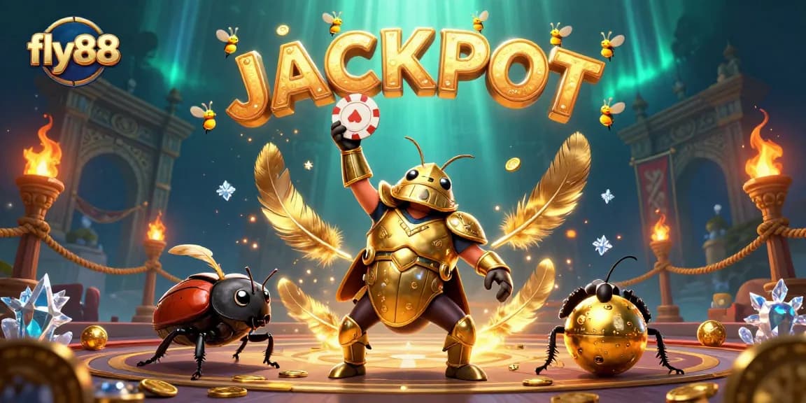 Experience the thrill of betting at fly88 with a victorious hercules beetle in a vibrant, animated casino scene.