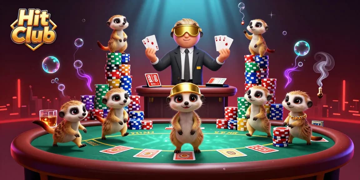 Hit Club offers an engaging casino experience with meerkats managing gaming operations in a vibrant 3D scene.