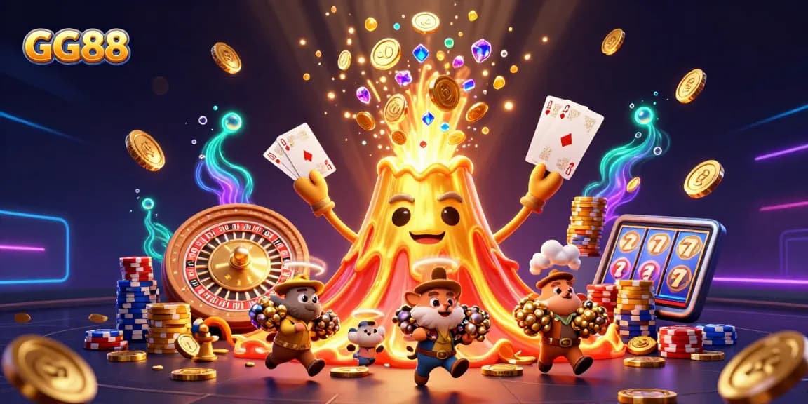 Experience the thrill of winning at GG88, where golden coins and treasures erupt from a volcano in a vibrant casino scene.