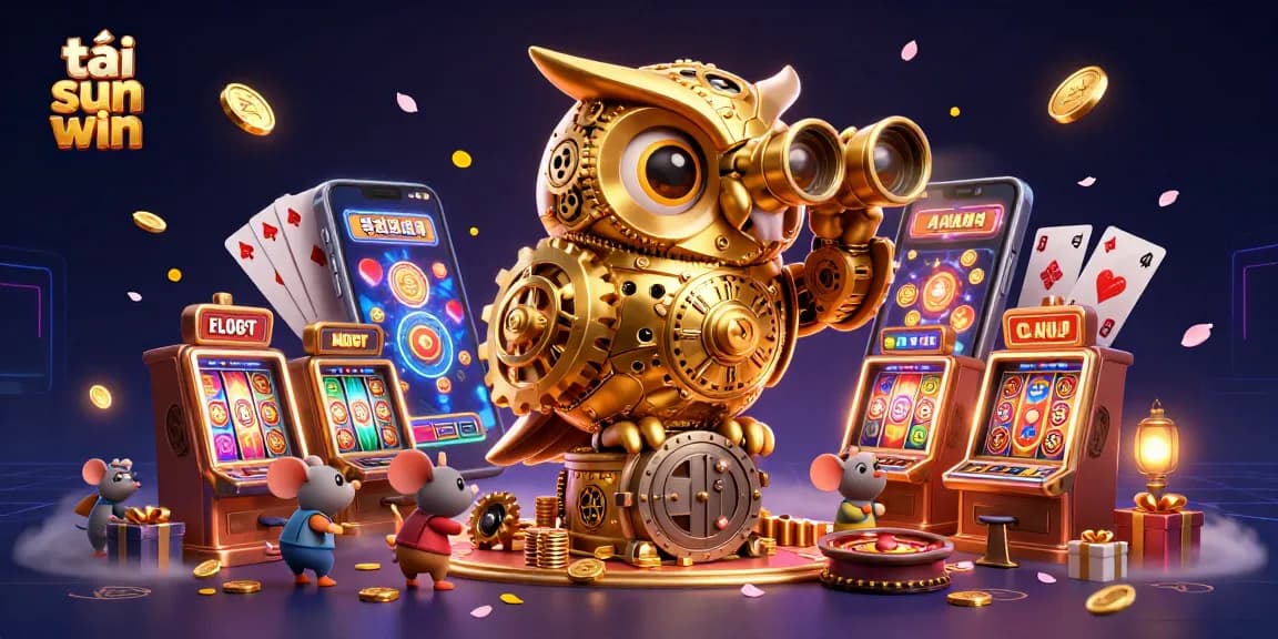 Play exciting games at tải sun win with a golden owl overseeing the vibrant casino.