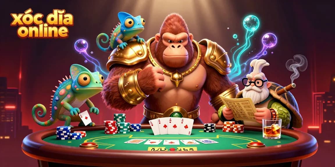 Engaging scene of xóc đĩa online with a gorilla king, chameleon spy, and wise tortoise, showcasing exciting gaming elements.