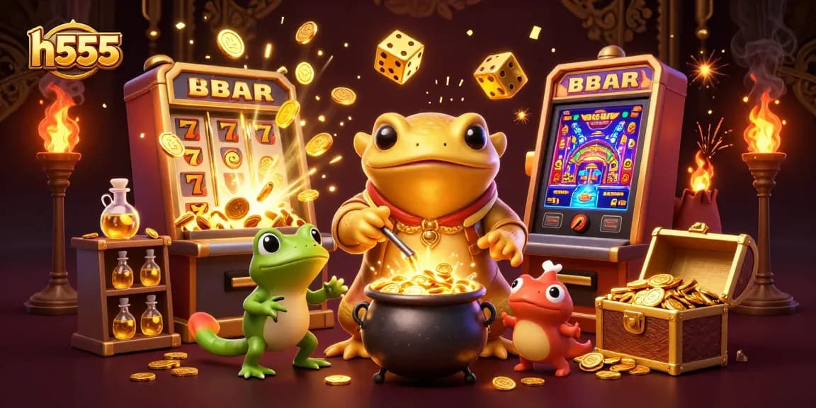 Experience dynamic h555 gaming with a golden salamander alchemist and casino elements in an engaging illustration.