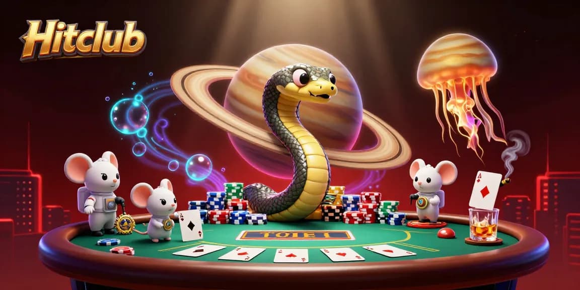 Hitclub casino scene with astronaut mice betting, a giant jellyfish dealer, and vibrant game elements