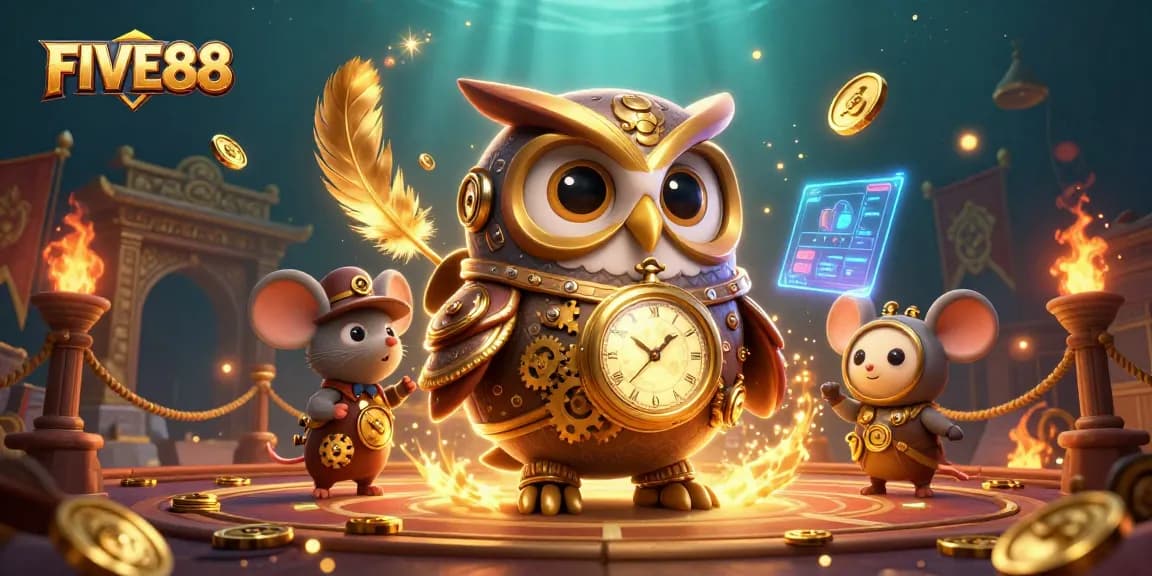 Engage with FIVE88's unique world of gaming, featuring vibrant characters and casino elements.