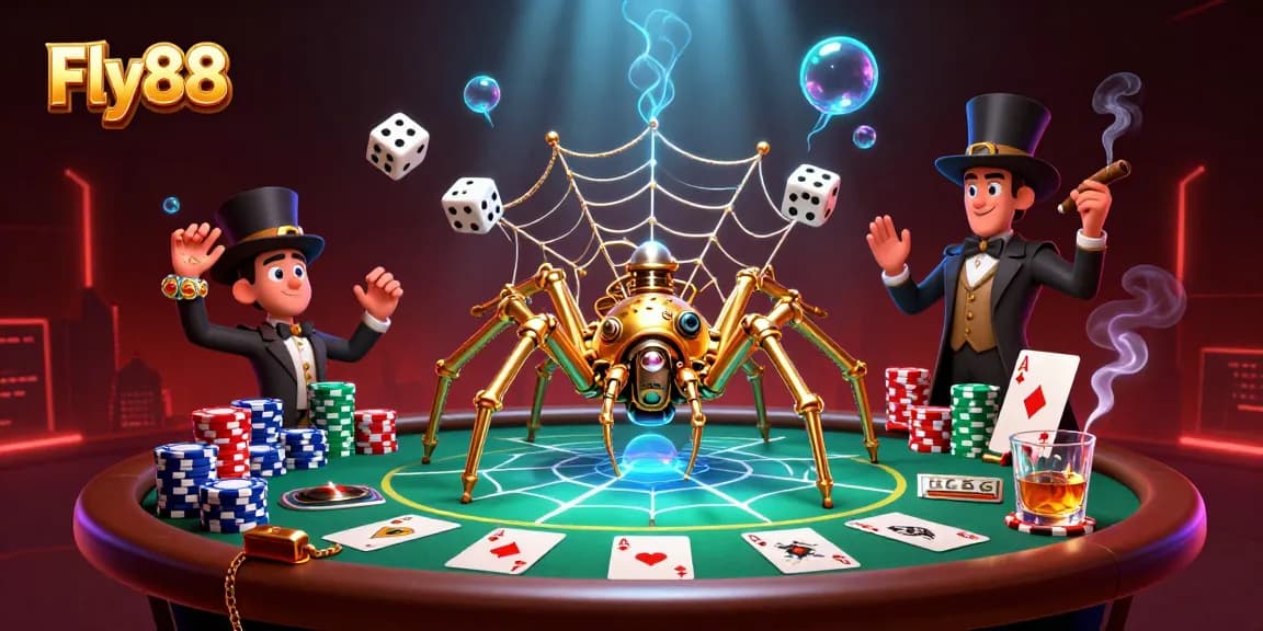 Engage with Fly88’s vibrant casino scene featuring a steampunk spider and Victorian fly gentleman.