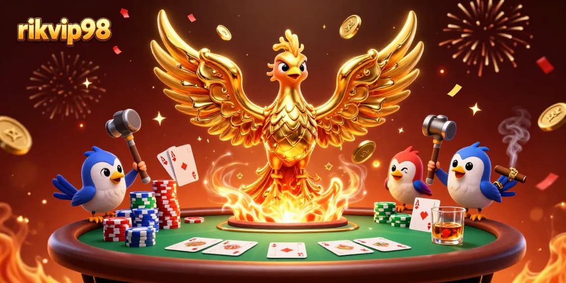 Experience elite gaming moments with rikvip98 as a golden phoenix emerges from molten gold.