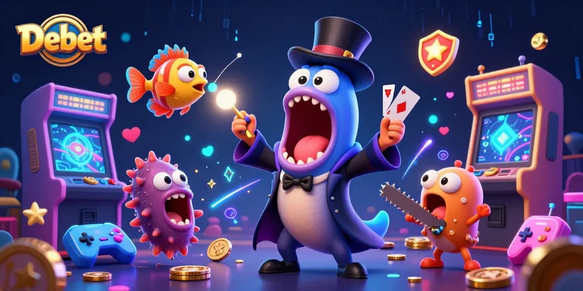 Debet features a deep-sea gulper eel magician showcasing card tricks in an energetic casino-themed scene.