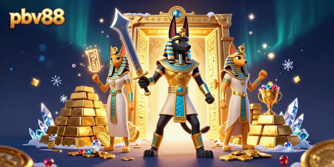 Experience thrilling moments at pbv88 with Anubis and Bastet in a vibrant, treasure-filled casino scene.