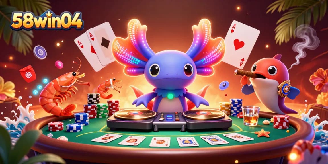 Experience gaming thrills with 58win04 as the neon axolotl DJ spins while surrounded by an exciting poker scene.