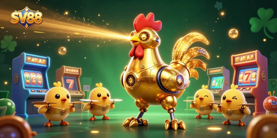Experience thrilling gaming with SV88's golden rooster robot and arcade elements in a vibrant casino scene.
