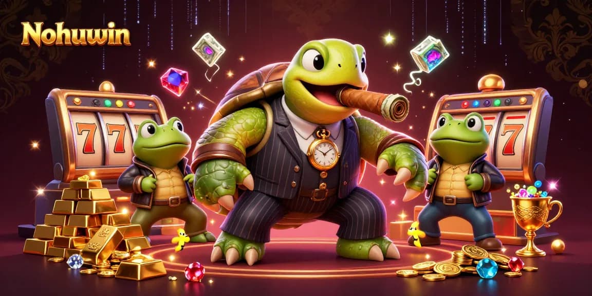 Nohuwin showcases an exciting cartoon casino scene with a snapping turtle and frog enforcers, filled with slot machines and treasures.