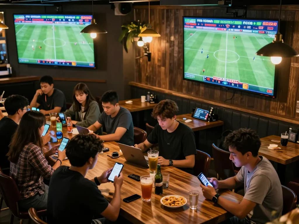 Excited patrons placing bets while watching trực tiếp đá bóng at a busy sports bar, showcasing a vibrant betting atmosphere.