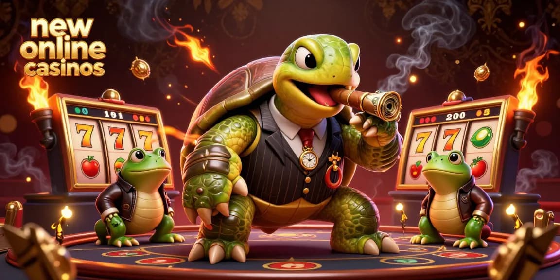 Engage with new online casinos through top-tier graphic featuring a snapping turtle mobster and bullfrog enforcers.