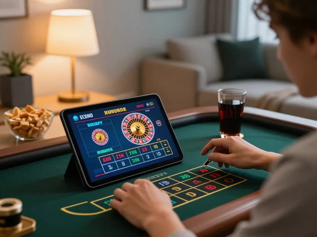 Player enjoying live dealer roulette on VAOBET tablet in a cozy home setting, emphasizing online gaming excitement.