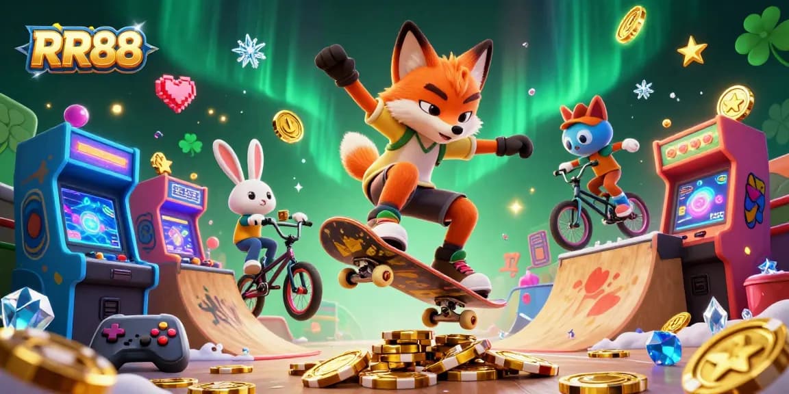 Experience thrilling gameplay at RR88 with a vibrant casino-inspired world featuring gambling elements and exciting characters.
