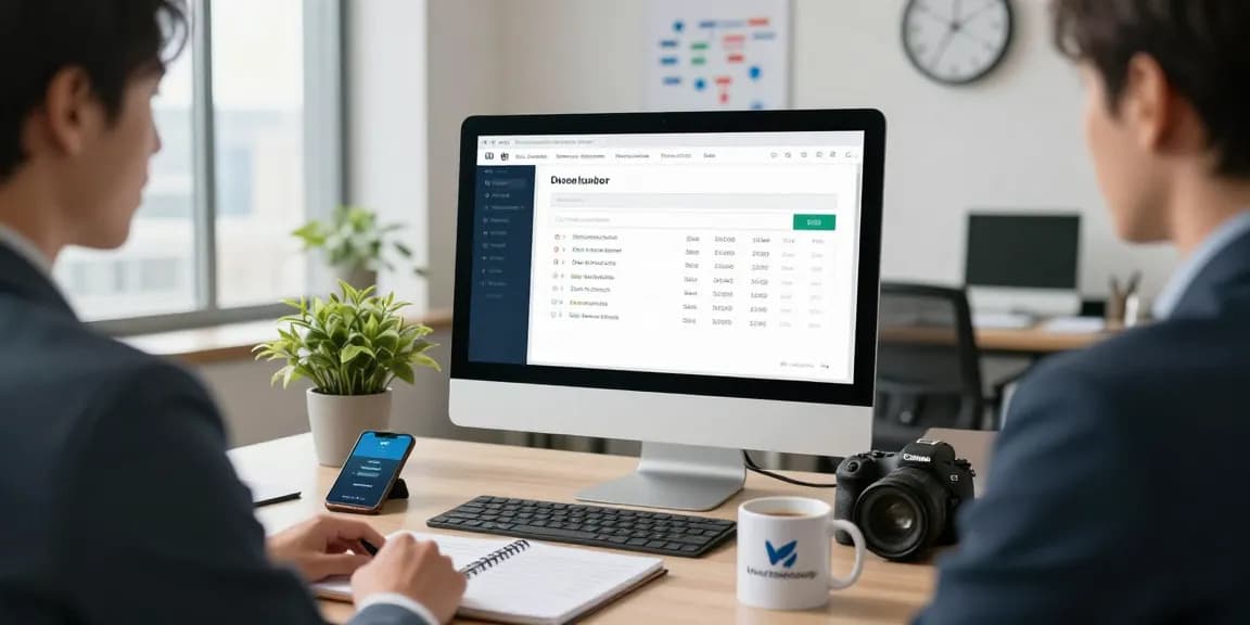 Engaging office scene highlighting a phone number lookup process with software interface and related tools for effective searching.