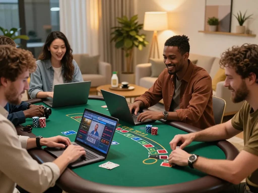 Hitclub players engaged in live dealer blackjack amidst a cozy home setting, reflecting strategic gameplay