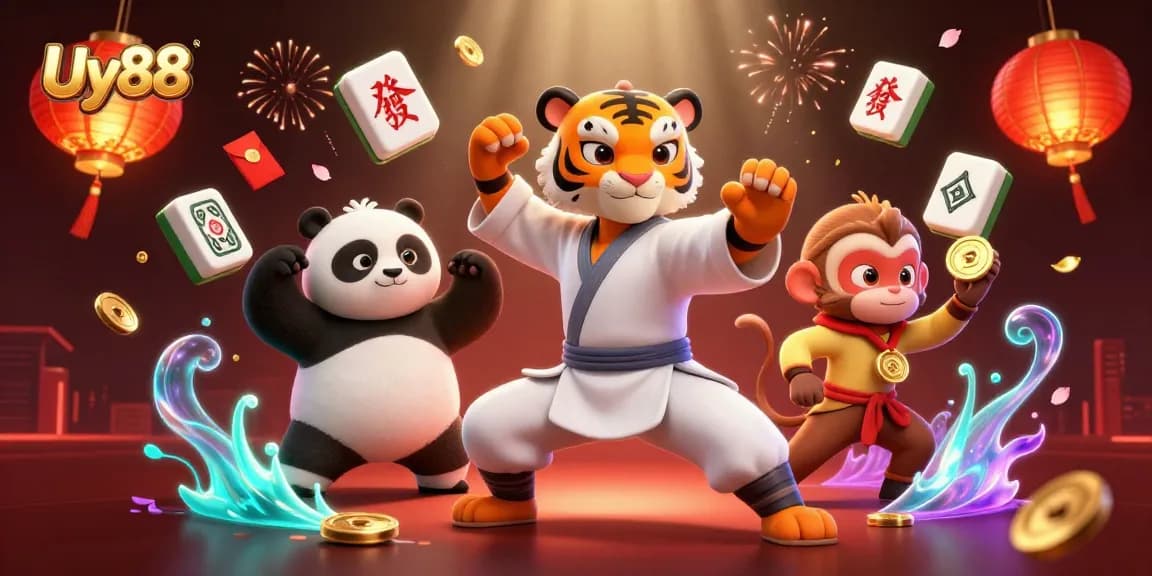 Experience thrilling gameplay at Uy88 with lucky elements, featuring a kung fu master, panda, and playful monkey.