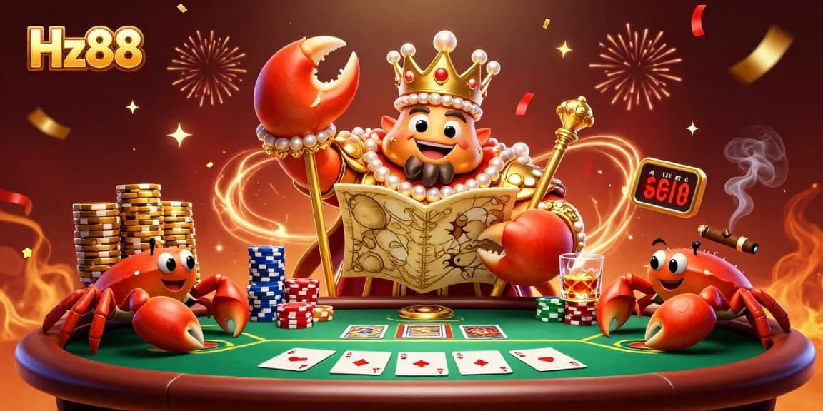Play exciting card games at Hz88 with a golden crab emperor and lots of poker chips.