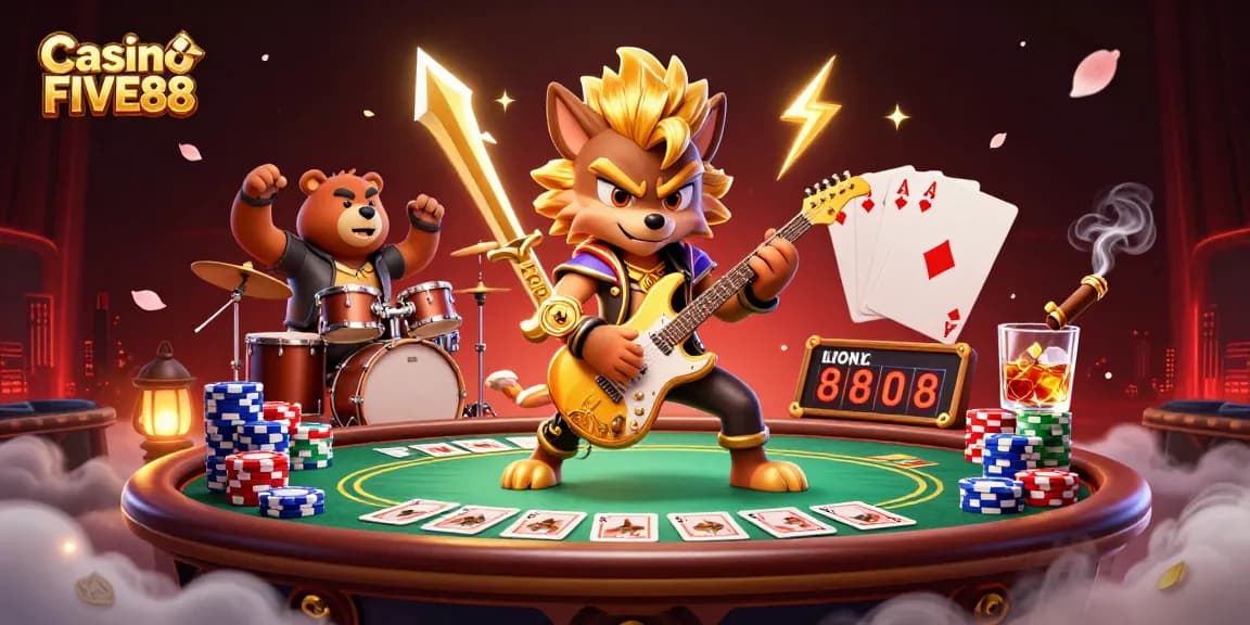 Experience thrilling action at Casino FIVE88 with rock star characters and vibrant gaming elements.
