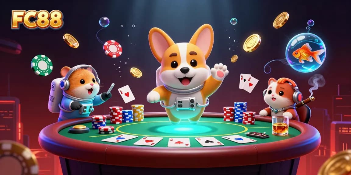FC88 showcases a vibrant space casino with a corgi and hamster, highlighting thrilling poker scenes.