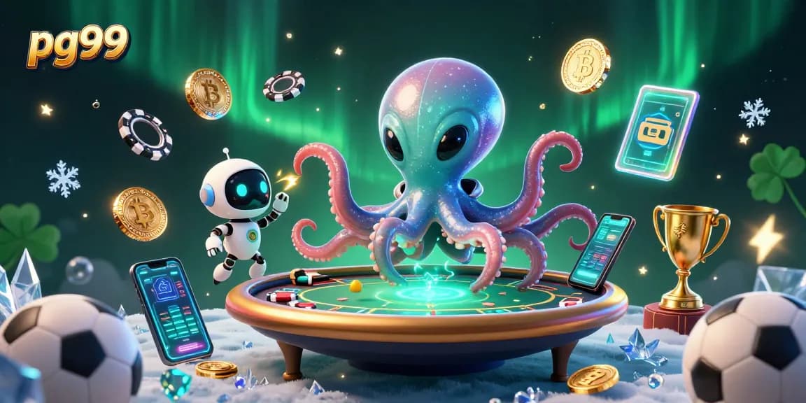 Experience thrilling gameplay with pg99 as an alien octopus navigates a floating poker table amid cosmic sports betting elements.