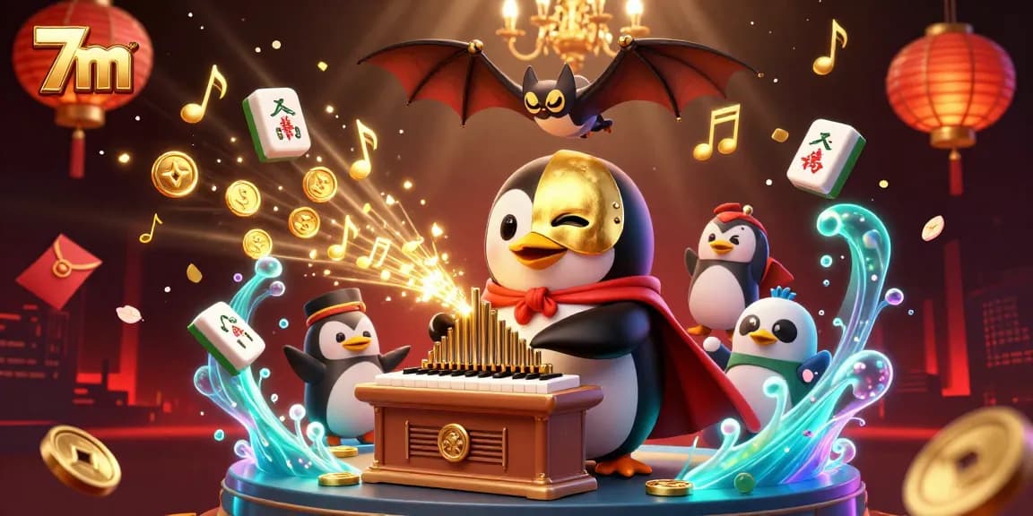 7m platform showcases a vibrant casino scene with a 3D penguin organist, golden coins, and glorious acrobatics