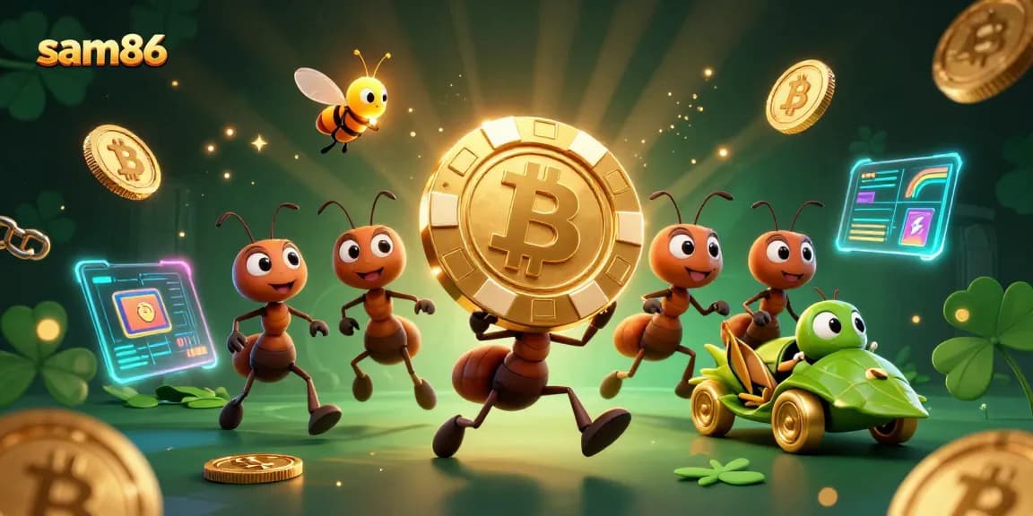 Experience thrilling gameplay at sam86 with ants transporting golden poker chips in a dynamic casino heist scene.