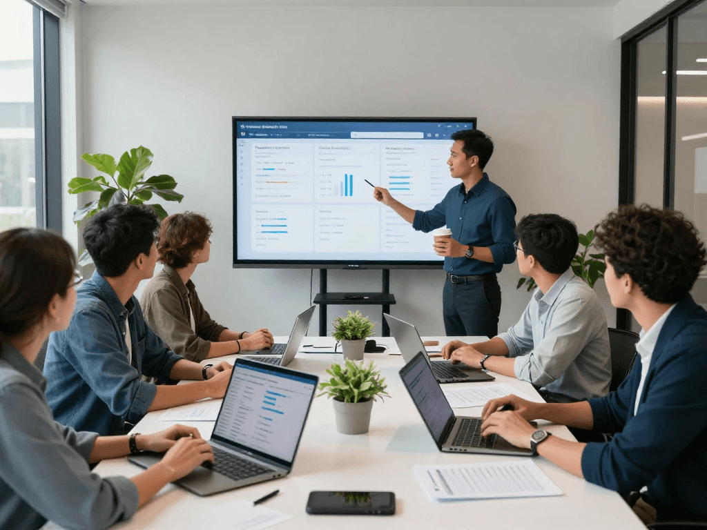 Best Airbnb managers in Melbourne collaborate in a vibrant office, showcasing strategies and data.