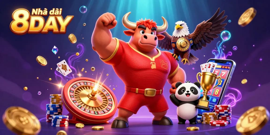 Experience the thrill of Nhà cái 8DAY with energetic characters celebrating wins in a vibrant casino scene.