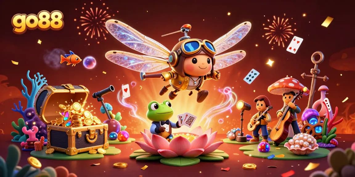 Experience the thrill of go88 with a lively casino scene featuring a dragonfly pilot and frog dealer.