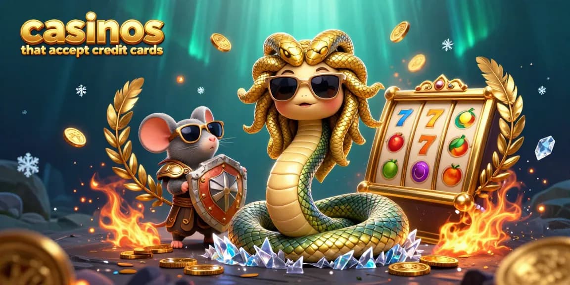 Spin the reels at casinos that accept credit cards with Medusa and a warrior mouse in an enchanting gaming scene.