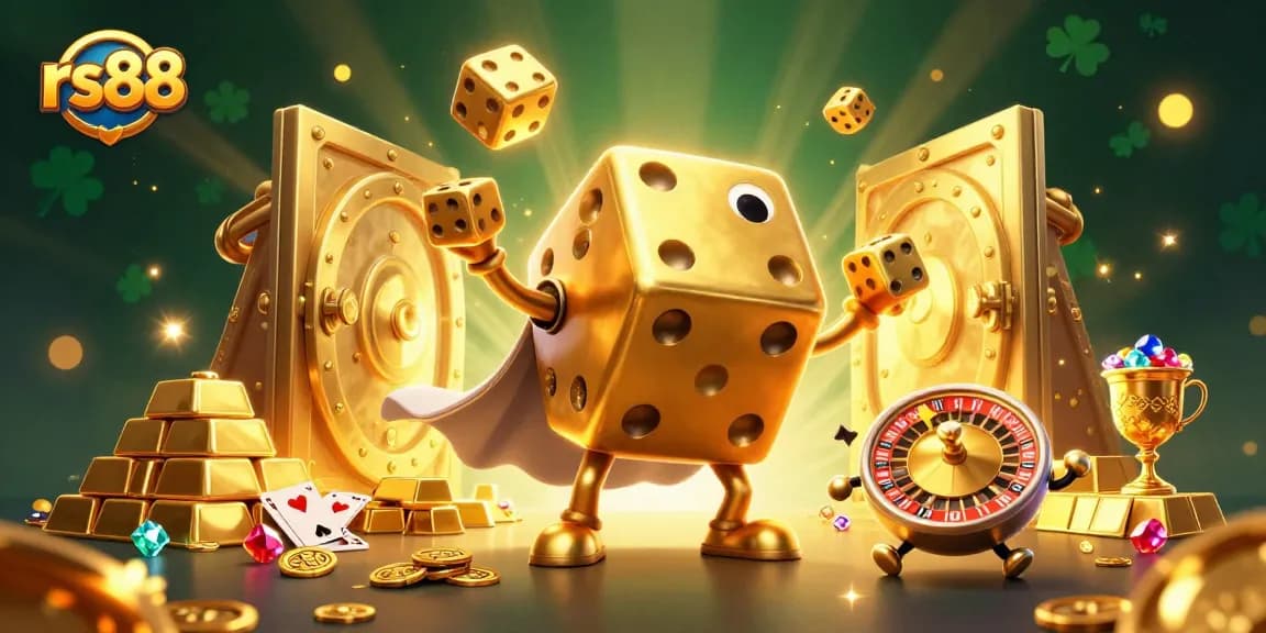 Experience rs88's vibrant casino excitement with golden dice, jewels, and treasures.