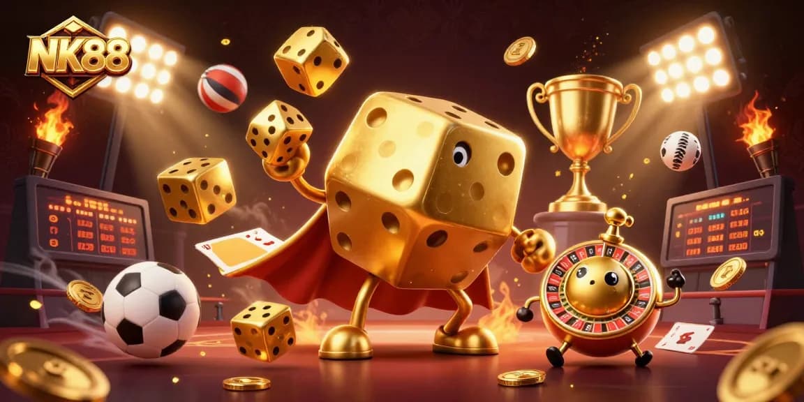 Experience thrilling gameplay at NK88 with a dynamic scene featuring golden dice and sports elements.
