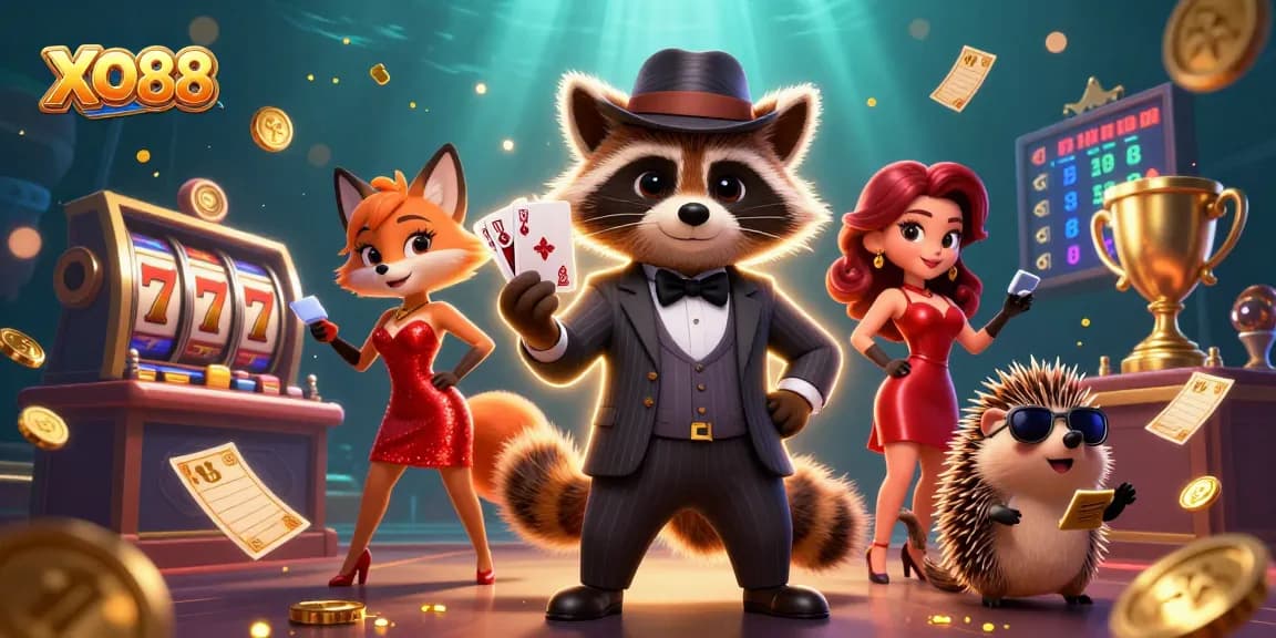 Engage with XO88's vibrant gaming world through a dynamic, colorful 3D casino illustration.